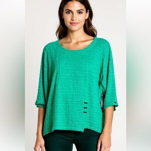 Ali Miles Seafoam Kelly Green Puckered Fabric Tunic Top 3/4 Slv Button Trim 2X